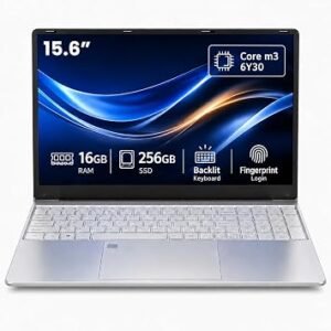 15.6" FHD Laptop, 16GB RAM 256GB SSD, Core M3-6Y30 Processor Win 11 Laptops with Fingerprint Reader, Backlit Keyboard, WiFi 5, USB3.0, Portable Thin Laptop for Students and Business