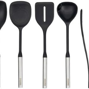 Cooks Professional 5 Piece Silicone Utensil Set with Stainless Steel Handles | BPA-Free Serving Spoon, Rounded Turner, Ladle, Slotted Spatula & Tongs | Strong Kitchen Cooking Tools | Black & Silver