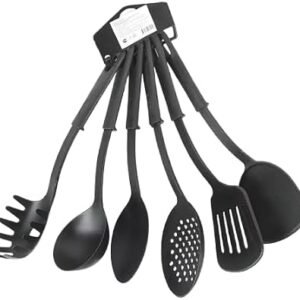Kitchen Utensils Set 6 Pcs 30cm Non-Stick Cooking Slotted Spoons Turners Spatula Soup Ladle Pasta Fork & Spaghetti Serving Spoon Set Dishwasher Safe Kitchen Tools (Black)