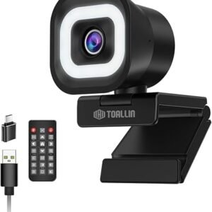 TOALLIN 4K Webcam with Ring Light, Remote Control, PDAF Autofocus, 5X Zoom