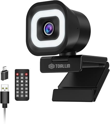 TOALLIN 4K Webcam with Ring Light, Remote Control, PDAF Autofocus, 5X Zoom