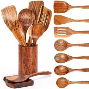 Teak Wood Kitchen Utensil Set, 9-Piece Cooking Spoons and Spatulas.
