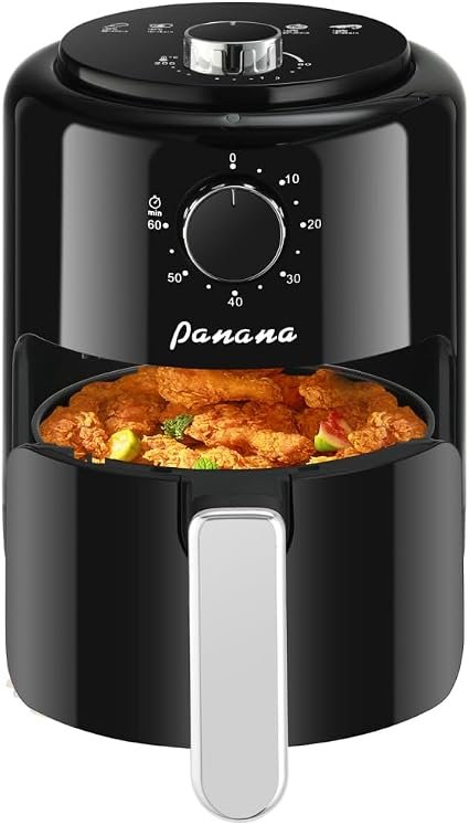 Panana Compact 2L Air Fryer,6 Preset Menus, Adjustable Timer, 0-200?C Temperature Control, Non-Stick Basket, 800W Oven Low Fat Oil Free Healthy Frying Cooker (Black, 2L)