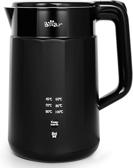 Bear Variable Temperature Electric Kettle, 1.7L, Keep Warm, Black | 304 Stainless Steel, BPA-Free, 45-100°C, 2200W Fast Boil, Auto Shut-Off, Boil Dry...