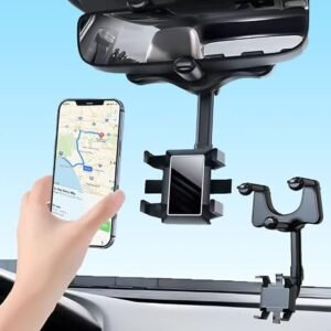 Car Phone Holder, 360? Adjustable and Retractable Car Phone Mount, Super Stable Rear View Mirror Accessories, Universal GPS Phones Mount Compatible with All Smartphones
