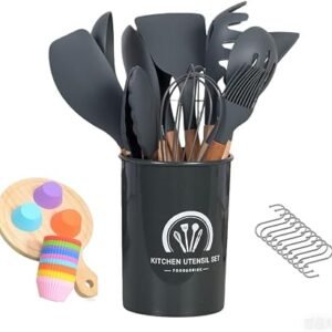 12PCS Silicone Kitchen Utensil Set with Holder, Wooden Handle Cooking Utensils for Non-Stick Cookware, with 10PCS Hanging Hooks & Reusable Washable Cupcake Cases