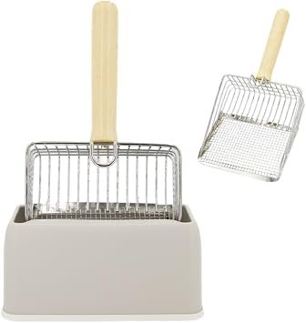 Cat Litter Scoop with Holder, Big Cat Litter Scoop with Built-in 2 Types of Gap, Stainless Steel Cat Litter Sifter with Hook, Heavy Duty Kitten Poop Lifter