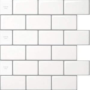 LONGKING Peel and Stick Tile for Kitchen Backsplash,Off White Subway Tile with Grey Grout 30 * 30cm (10 Pack)