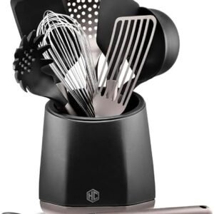 HexClad 9-Piece Kitchen Utensil Set, 9 Stainless Steel & Silicone Tools with a Fingerprint-Resistant Metallic Finish, Heat-Resistant to 232?C, Dishwasher-Safe, Includes Non-Slip Ceramic Crock Holder