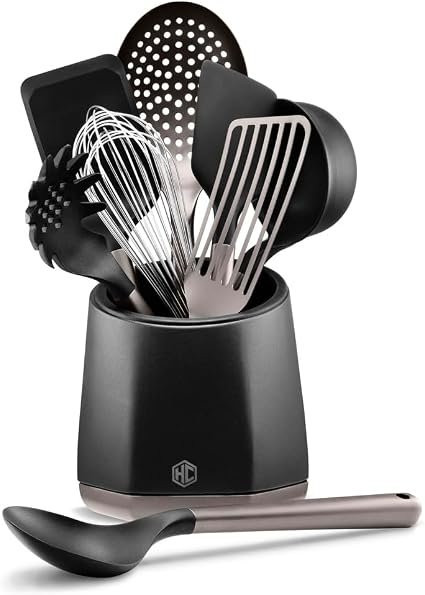 HexClad 9-Piece Kitchen Utensil Set, 9 Stainless Steel & Silicone Tools with a Fingerprint-Resistant Metallic Finish, Heat-Resistant to 232?C, Dishwasher-Safe, Includes Non-Slip Ceramic Crock Holder