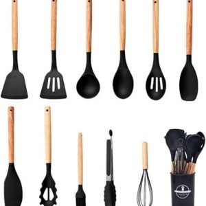12 PCS Kitchen Utensil Set, Silicone Cooking Utensils with Holder, Resistant Natural Wooden Handle Cookware Tongs Spatula Spoon Set, Non Stick & Heat Resistant, Dishwasher Safe