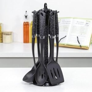 Blackmoor 66779 6-Piece Kitchen Utensils Set/Non-Scratch & Heat Resistant/BPA Free Plastic/Modern & Vibrant Stylish Black Marble Colour/Space Saving Kitchen Storage
