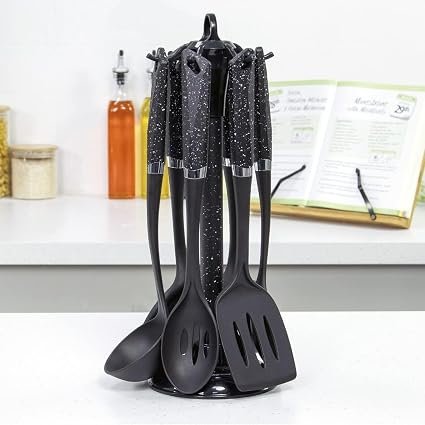 Blackmoor 66779 6-Piece Kitchen Utensils Set/Non-Scratch & Heat Resistant/BPA Free Plastic/Modern & Vibrant Stylish Black Marble Colour/Space Saving Kitchen Storage