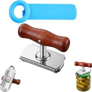 Jar Openers, Effortless Jar Opener for Arthritis Hands and Elderly Seniors, Adjustable Jar Opener Gripper, Stainless Steel Jar Opener Set with Wooden and Blue Handles for Weak Hands, Household Kitchen