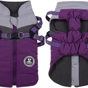 Poseca Dog Coat with Built-in Harness | 3-in-1 Waterproof Winter Jacket & Raincoat | Reflective Warm Puppy Clothes for Small Medium Dogs | Outdoor Walking (Purple, S)