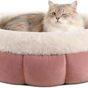 EDMIENS Small Cat bed, Round Cat Beds for Indoor Machine Washable, Kitten Bed Donut Fluffy Calming, Non Slip Reversible Cushion Pet Bed for Cats, Small Dog, Medium Puppy(45x45x16.5cm, Pink)
