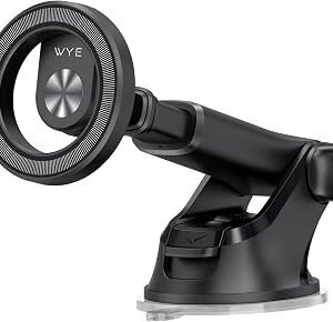 WYE MagCharge Car Phone Mount for Dashboard & Windshield, Magnetic Car Holder with 17 N45 Magnets, Telescopic Extension Arm & Ring Plate Bracket for MagSafe iPhone & Android - Black