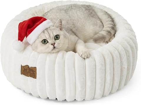 COZY KISS Donut Round Cat Bed, Calming Kitten Bed Washable, 51 cm, Cream
