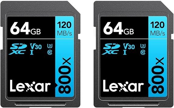 Lexar High-Performance 800x 64GB (2-Pack) SDXC UHS-I Memory Cards, C10, U3, V30, Full-HD & 4K Video, Up to 120MB/s Read, for Point-and-Shoot Cameras, Mid-Range DSLR, HD Camcorder (LSD0800064G-B2NNU)
