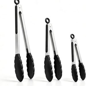 NileHome Tongs for Cooking, Professional Stainless Steel Cooking Tongs ? Heat-Resistant for Grilling, BBQ, Serving Salad, Pasta, and Kitchen Use, Dishwasher Safe, Set of 7 9" 12", Black