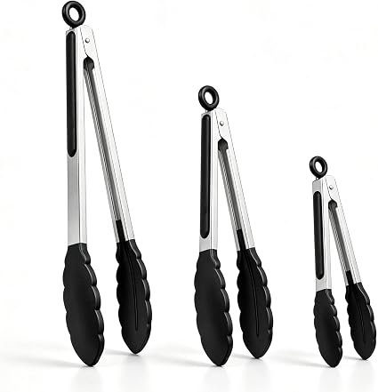 NileHome Tongs for Cooking, Professional Stainless Steel Cooking Tongs ? Heat-Resistant for Grilling, BBQ, Serving Salad, Pasta, and Kitchen Use, Dishwasher Safe, Set of 7 9" 12", Black