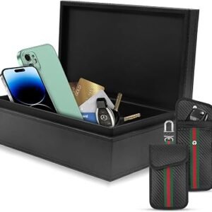 Faraday Box for Car Keys (Black) ? Premium Crazy Horse Leather RFID Signal Blocking Case with 2 Carbon Fiber Faraday Pouches, Anti-Theft Key Fob Protection for Phones & Cards