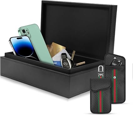 Faraday Box for Car Keys (Black) ? Premium Crazy Horse Leather RFID Signal Blocking Case with 2 Carbon Fiber Faraday Pouches, Anti-Theft Key Fob Protection for Phones & Cards