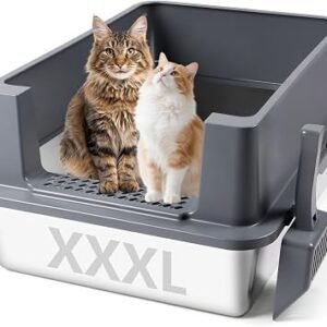 Cat Litter Box Stainless Steel, XXXL Metal High Sided Litter Tray with Scoop, Leak-Proof, Easy Clean For Big Cats/Multiple Cats (Dark Grey)