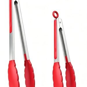 NileHome Tongs for Cooking, Professional Stainless Steel Cooking Tongs ? Heat-Resistant for Grilling, BBQ, Serving Salad, Pasta, and Kitchen Use, Dishwasher Safe, Set of 9 12", Red