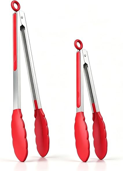 NileHome Tongs for Cooking, Professional Stainless Steel Cooking Tongs ? Heat-Resistant for Grilling, BBQ, Serving Salad, Pasta, and Kitchen Use, Dishwasher Safe, Set of 9 12", Red