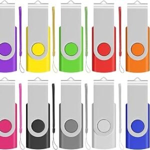 EASTBULL Memory Stick 2GB USB 10Pack, USB 2.0 Thumb Flash Drives Swivel Design Pen Memory Stick Fold Storage (10 Mixed Color With Lanyard)