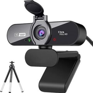 Webcam, 1080P Pro HD Webcam with Stereo Microphone, 110? Wide Angle, Privacy Cover, Tripod, for Conferencing, Live Streaming, Recording, Compatible with Skype/Zoom/YouTube