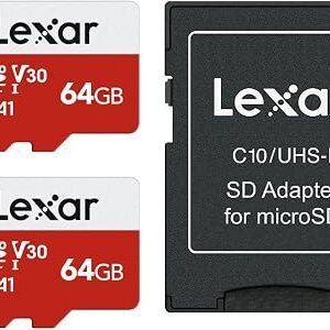 Lexar Micro SD Card 64GB 2 Pack E Series, Up to 100MB/s, microSDXC UHS-I | U3, V30 , A1, Class10, High Speed TF Card, SD Card with Adapter