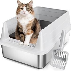 Stainless Steel Cat Litter Box for Small Cats, Odor Free Metal Litter Tray with High Sides Lid, Open Top Low Entry Litter Pan Include Scoop Easy Cleaning Kitty Cat Box Anti-Urine Leakage, Non-Sticky