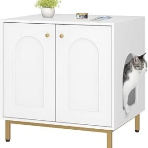 Hzuaneri Cat Litter Box Enclosure, Hidden Litter Box Furniture, White Gold