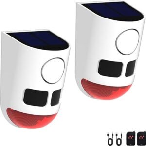 2PCS Outdoor Solar Powered Motion Sensor Alarm, 129dB Dog Barking Alarm | IP65 Waterproof,with Remote ,3 Working Modes, Solar USB Dual Power, Wireless Easy...