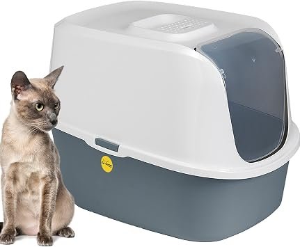 CAT CENTRE Hooded Cat Litter Tray, Dark Grey, Charcoal Filter, Deep