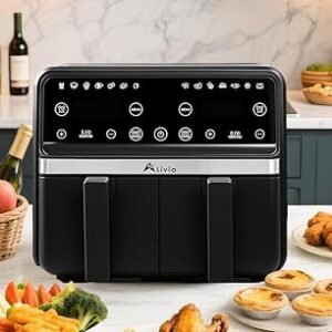 Alivio 9L Dual Basket Air Fryer ? Large 14-in-1 Double Drawer Digital Airfryer with LED Touchscreen, Independent Dual Zone Controls & Dishwasher-Safe Baskets (Black)