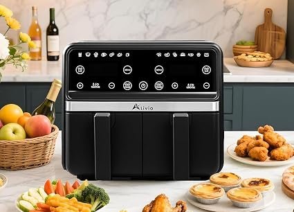 Alivio 9L Dual Basket Air Fryer ? Large 14-in-1 Double Drawer Digital Airfryer with LED Touchscreen, Independent Dual Zone Controls & Dishwasher-Safe Baskets (Black)