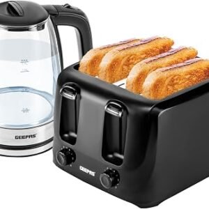 GEEPAS 4 Slice Bread Toaster & 1.7L Illuminating Electric Glass Kettle Set