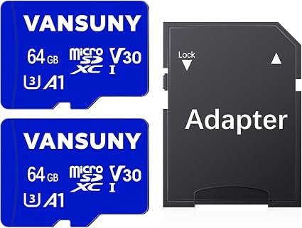 Vansuny 64GB Micro SD Card, 2 Pack MicroSDXC Memory Card with A1 Class10 U3 V30 Full HD Video Recording TF Card (2 Micro SD Cards + 1 SD Adapter)
