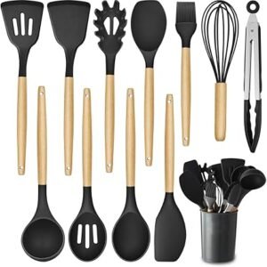Kitchen Utensil Set, 12 PCS Silicone Cooking Utensils Set with Wooden Handle, Heat Resistant, Nonstick Cookware Tongs Spatula Spoon Set, Dishwasher Safe, Best Kitchen Tools (Black)