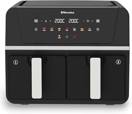 EMtronics 9 Litre Dual Air Fryer with Double Baskets - Black