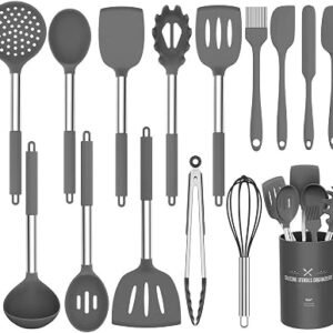 Kitchen Utensil Set, 15pcs Silicone Cooking Kitchen Utensils Set, Cooking Tools Turner Tongs Spatula Spoon for Nonstick Heat Resistant Cookware - (Grey)