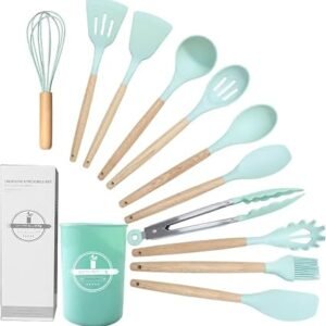 12 Pcs Silicone Cooking Kitchen Utensils Set,Non Stick Silicone Cooking Utensil Set with Holder?Wooden Handle Heat Resistance?Cooking Stirring Tools (Green)