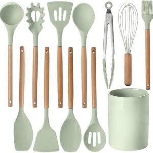 12 Pcs Kitchen Utensil Set, Silicone Cooking Utensils Set with Wooden Handle, Heat Resistant, Nonstick Cookware Tongs Spatula Spoon Set with Storage Bucket for Home, Camping, Dishwasher Safe (Green)