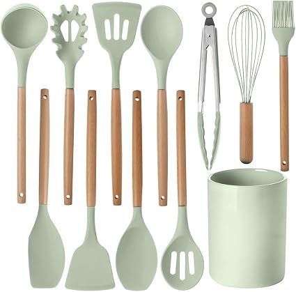 12 Pcs Kitchen Utensil Set, Silicone Cooking Utensils Set with Wooden Handle, Heat Resistant, Nonstick Cookware Tongs Spatula Spoon Set with Storage Bucket for Home, Camping, Dishwasher Safe (Green)