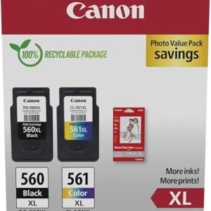 Canon PG-560XL + CL-561XL Genuine High Yield Ink Cartridges + Photo Paper