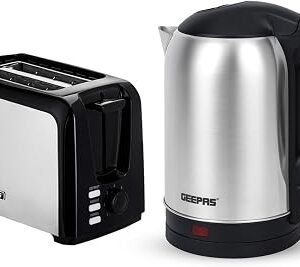 Geepas 2 Slice Bread Toaster & 1.8L Electric Kettle Kitchen Combo Set | 750W Toaster, 7 Level Browning Control, Defrost, Reheat & Cancel Function | 1800W Stainless Steel Cordless Jug Kettle