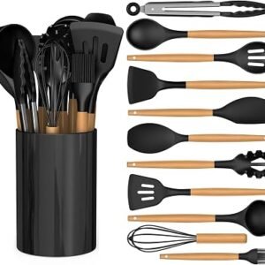 12 PCS Silicone Cooking Utensils Set with Wooden Handle, Kitchen Utensil Set, Heat Resistant, Nonstick Cookware Tongs Spatula Spoon Set, Dishwasher Safe, Best Kitchen Tools with Holder